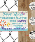 Pool Rules Sign For Outdoor Decor And Backyard Chill Vibes Durable Metal Wall Art 12 By 8 Inches With Four Pre Drilled Holes For Easy Hanging Perfect For Poolside Bar Beach Home And Deck on fence