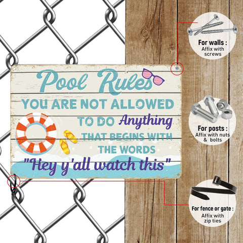 Pool Rules Sign For Outdoor Decor And Backyard Chill Vibes Durable Metal Wall Art 12 By 8 Inches With Four Pre Drilled Holes For Easy Hanging Perfect For Poolside Bar Beach Home And Deck on fence