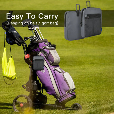 Golf bag with Durable Nylon Golf Pouch With Clip, Multi Pocket Organizer for phone, balls, and more attached, showing easy access.