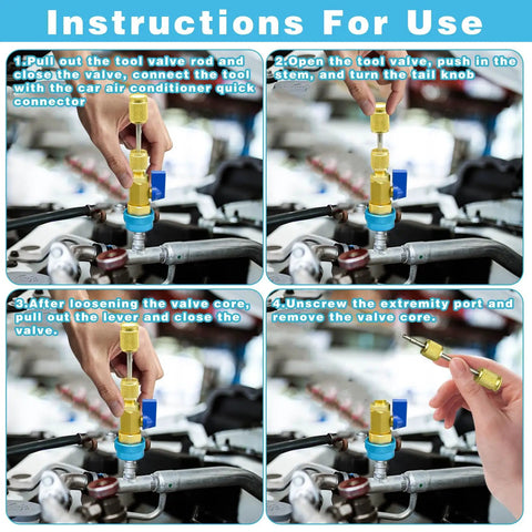 Visual instructions for 31Pcs R134A Valve Core Quick Remover And Installer Tool Set for AC system use, step-by-step process