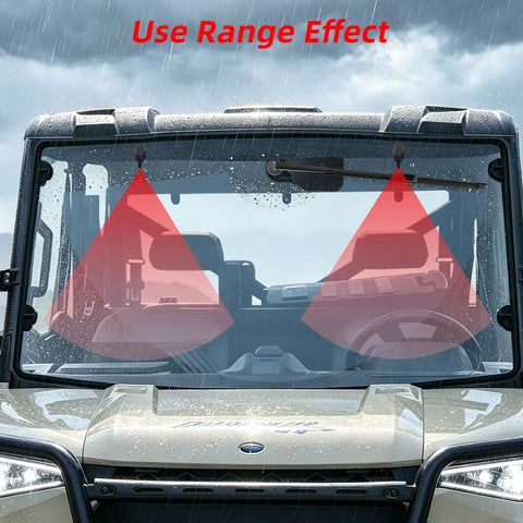 Badass 165 Degree UTV Windshield Wiper Kit With Reinforced Metal Arm And Tough Rubber Blade visible on windshield during rain.