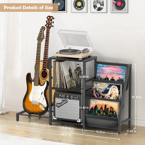 Bikoney Multi-Functional Record Player Stand And Guitar Rack For Acoustic Electric Bass With Amp Shelf, 49x29x12 inches size.