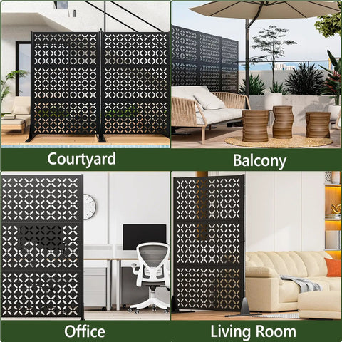 72 Inch Metal Outdoor Privacy Screen Panel in various settings: courtyard, balcony, office, living room, freestanding decorative panel.