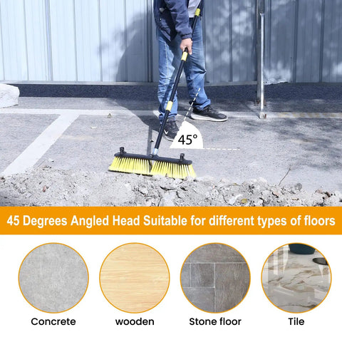 18 Inch Push Broom With 63 Inch Four Section Handle for Outdoor Cleaning, shown on concrete with 45-degree angle ergonomic grip.