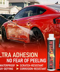 Premium Gloss Black Rim Touch Up Paint For Nixing Curb Rash And Heavy Scratches On Alloy Wheels being used on a red car.