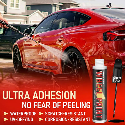 Premium Gloss Black Rim Touch Up Paint For Nixing Curb Rash And Heavy Scratches On Alloy Wheels being used on a red car.
