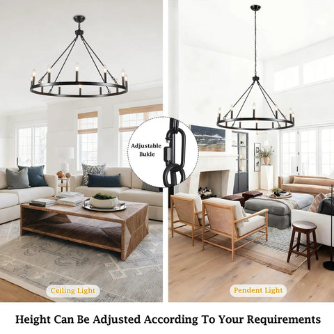 Wagon Wheel Farmhouse Chandelier In Black And Wood, 6 Light Rustic Industrial Pendant Light Fixture showcased in living room spaces.