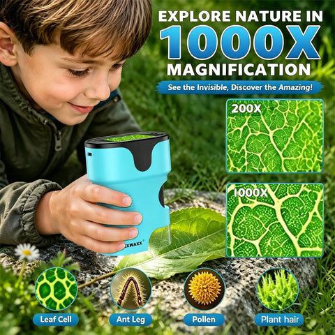 1000X Kids Digital Handheld Microscope With Built-In 4K Screen No Phone Needed Easy Portable Lab For Insects Leaves Coins And More Educational STEM Toy Gift For Ages 4 5 6 7 8 9 10 11 12, blue handheld microscope used outdoors