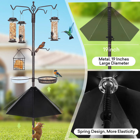Six Hook Outdoor Bird Feeding Station Kit With 94 Inch Heavy Duty Pole Four Feeders Wide 19 Inch Metal Squirrel Baffle