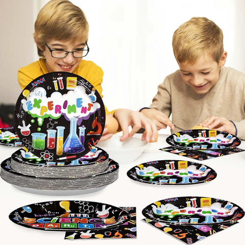 Kids with 96 Piece Science Party Tableware Set With 24 9 Inch Plates 24 7 Inch Plates 24 Napkins And 24 Forks Durable 350 GSM