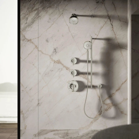 Marble bathroom with Purist Three-Function Showerhead With Full Coverage, Pulsating Massage And Silk Spray, 2.5 GPM High-Pressure Flow