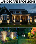 Low Voltage Landscape Lights 5W 500LM Outdoor LED Spot Lights With 4 Color Lenses illuminating a garden path and house exterior