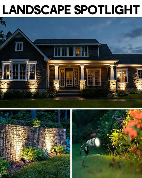 Low Voltage Landscape Lights 5W 500LM Outdoor LED Spot Lights With 4 Color Lenses illuminating a garden path and house exterior