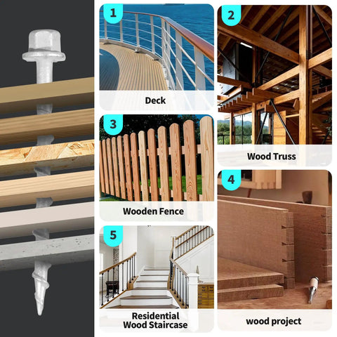 Heavy Duty Joist Hanger Screws Pro Grade Nine By One And One Half Inch With Quarter Inch Hex Head And Three Eighths Inch Diameter Galvanized For Structural Wood Connectors Salt Spray Tested For Fifteen Hundred Hours Fast Easy Install Nail Replacement 500 in various wood construction applications.