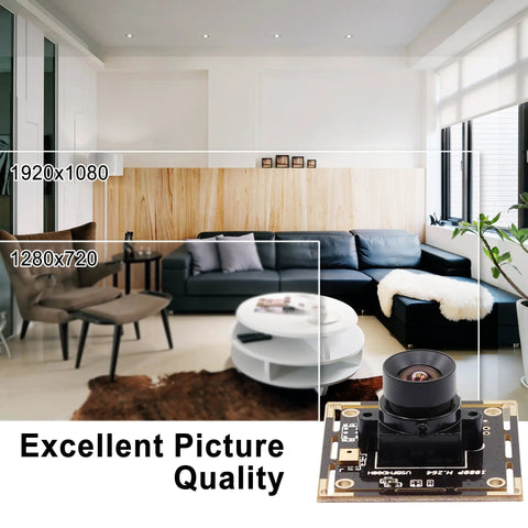 Image showing Sony IMX323 Low Light USB Camera Module With 100 Degree Wide Angle No Distortion Lens capturing a living room scene.