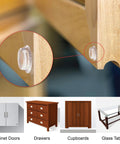 Transparent Adhesive Bumper Pads All In One 106 Piece Set attached to cabinet door with images of use on drawers and tables.