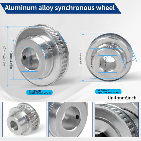 Aluminum alloy synchronous wheel with XL 40 and XL 20 tooth, dimensions shown in mm and inches.