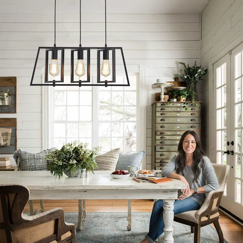 Modern Industrial 3-Light Pendant Light Fixture With Adjustable Height, Matte Black Cage Over Table Dining Room Kitchen Island, Open Rectangular Frame, Dope Living Room Foyer Lighting