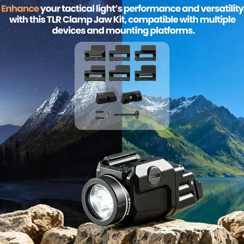 Knockout 69322 TLR Clamp Jaw Kit For Streamlight 1913 Short Rail Accessory Replacement Set shown with tactical flashlight outdoors.