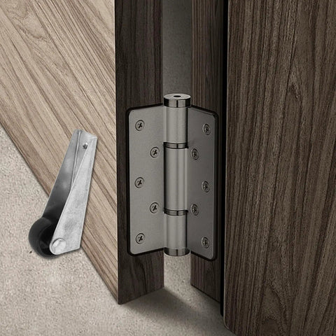 Heavy Duty Sliding Door Track Rollers With Long Stem Brackets Bombproof Reinforced Steel And Nylon Build No Sweat DIY Closet Hardware Replacement Black with roller and hinge on wood background.