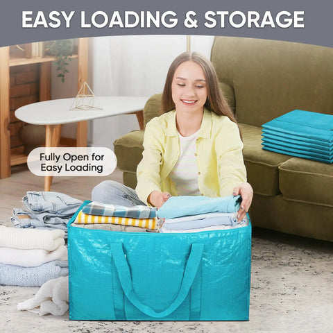 Woman packing clothes into Extra Large Moving Bags With Zippers And Handles Heavy Duty Waterproof Storage Bags For Closet Organization 27x14x15 Inches 24 Gallon 120 Lb Load 4 Pack