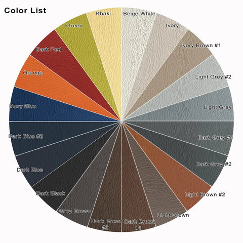 Color swatch chart displaying options for Heavy Duty Self Adhesive Leather And Vinyl Repair Tape 3X60 Inch in various shades.
