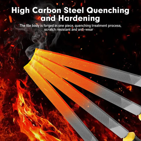Flat Hand Metal File 8 Inch With Ergonomic Handle Pro Grade High Carbon Steel Bastard File in quenching process with flames.