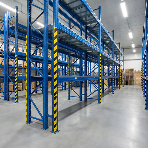 Tough Shop Gear Wall Corner Guards With Zero Hassle Self Adhesive Nbr Foam Edge Protectors Yellow Black Warning Tape on warehouse shelving.