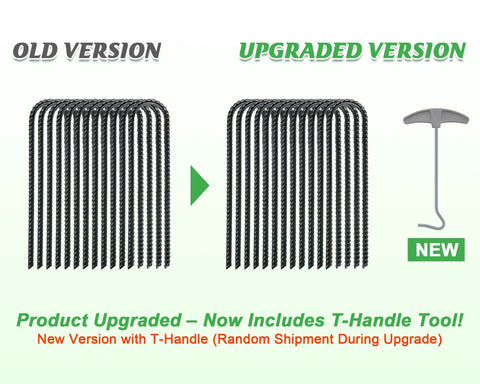 Comparison of old and upgraded Heavy Duty Trampoline Stakes 12 Pack 12 Inch Ground Anchors with T-Handle.