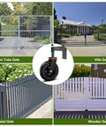 Heavy Duty 8 Inch Fence Gate Wheels Set for Metal Tube Gates and Wooden Fences, 600 Lb Per Wheel shown with various gate types