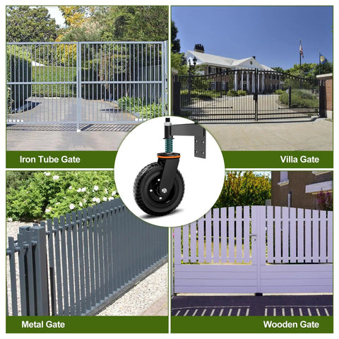 Heavy Duty 6 Inch Gate Wheels For Metal Tube And Wooden Fences, 500 Lb Capacity Per Wheel in use on various gates
