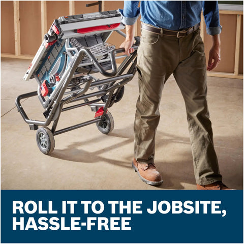 Heavy Duty 10 Inch Portable Jobsite Table Saw With Gravity Rise Wheeled Stand And 15 Amp Motor Featuring Three Second Safety Brake, easily rolled to jobsite.