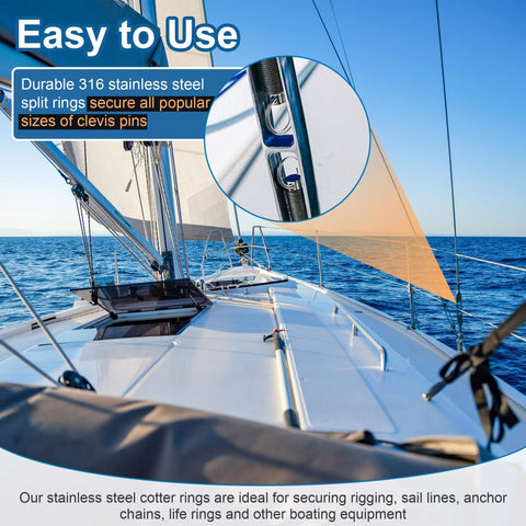 66 Piece Stainless Steel Cotter Ring Kit With Five Sizes Durable 316 Stainless Steel Split Rings For Clevis Pins Marine Hardware And Hitch Pin Lock Systems Pro Grade Corrosion Resistant For Harsh Environments shown securing sailboat rigging.