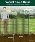 Man standing by 15 Panels No Dig Garden Fence With Gate Made Of Rustproof Metal Edging For Yard And Outdoor Animal Barrier.