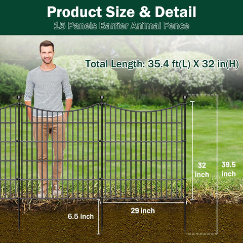 Man standing by 15 Panels No Dig Garden Fence With Gate Made Of Rustproof Metal Edging For Yard And Outdoor Animal Barrier.