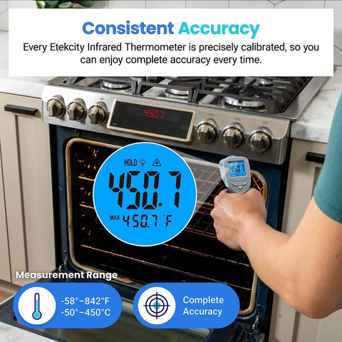 Infrared Thermometer Upgrade 774 Temp Gun For Cooking And Grillin Laser Surface Temp Tool in use near oven with display showing 450.7°F