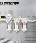 Top Rated 3 8 NPT Three Stage Air Dryer And Regulator Kit With Coalescing And Particulate Filters Manual Drain For Pneumatic Tools Smooth Moisture Removal, front view on a grey wall.