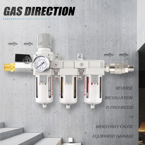 Top Rated 3 8 NPT Three Stage Air Dryer And Regulator Kit With Coalescing And Particulate Filters Manual Drain For Pneumatic Tools Smooth Moisture Removal, front view on a grey wall.