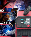 Image showing 140A Gasless Flux Core MIG Welder 3 In 1 MIG MMA TIG Capabilities with control panel and welding modes.