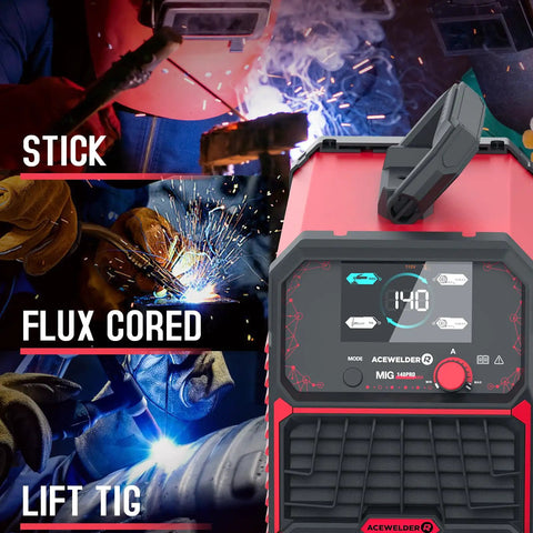 Image showing 140A Gasless Flux Core MIG Welder 3 In 1 MIG MMA TIG Capabilities with control panel and welding modes.