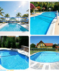 Heavy Duty Pool Volleyball Net Replacement With Adjustable Length From 15 To 30 Ft, Waterproof Oxford Border For Outdoor In Ground And Above Ground Pools, Includes Carabiners And Storage Bag, Blue, installed over various pools