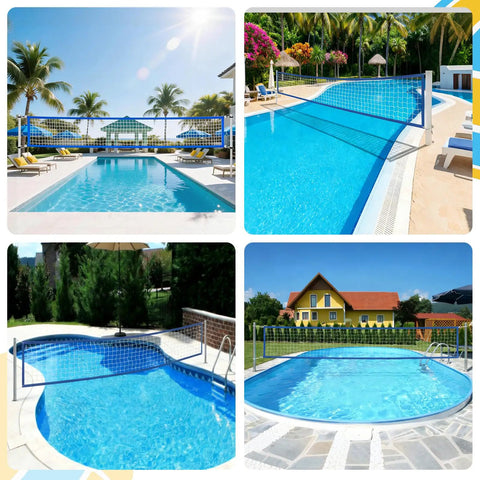 Heavy Duty Pool Volleyball Net Replacement With Adjustable Length From 15 To 30 Ft, Waterproof Oxford Border For Outdoor In Ground And Above Ground Pools, Includes Carabiners And Storage Bag, Blue, installed over various pools
