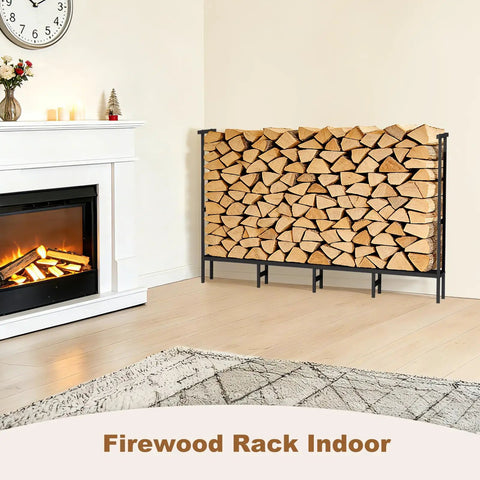 Outdoor Firewood Rack With Weatherproof Cover Heavy Duty Metal Wood Storage Stand next to a lit fireplace indoors.