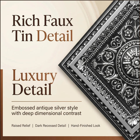 Antique Silver 2x2 PVC Ceiling Tile Pack Of 10 For Glue-Up Or Lay-In Install, Durable Embossed Panels Close-Up Detail
