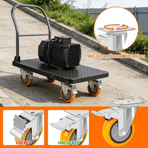 Top Shelf 4 Inch Caster Wheels With Brakes Set Of Four Heavy Duty Plate Casters shown on a utility cart with motor.