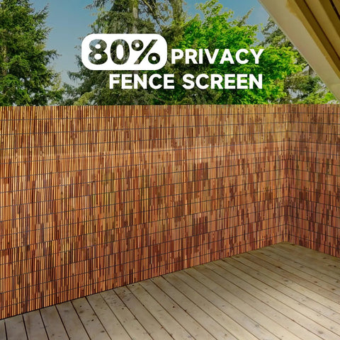 Natural Reed Fencing Roll For Balcony Patio Garden And Yard Privacy Screen Sixteen Point Four Feet Long Brown Eco Friendly Durable Easy To Install For Outdoor Use installed on a patio.