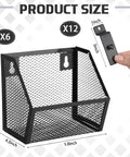 Six Piece Slatwall Bin Set With Metal Hooks, Mesh Slatwall Mounted Storage Organizer dimensions and hand holding hook