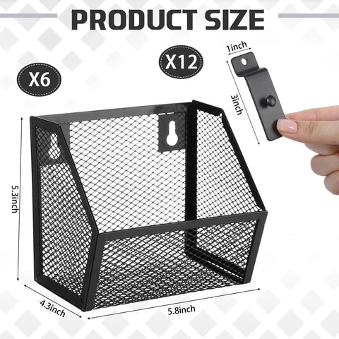 Six Piece Slatwall Bin Set With Metal Hooks, Mesh Slatwall Mounted Storage Organizer dimensions and hand holding hook
