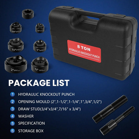 Hydraulic Knockout Punch Set 1/2 To 2 Inch For Conduit And Metal Sheet Holes, 8 Ton Alloy Steel Kit with carrying case and dies