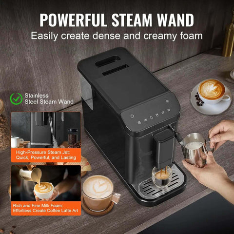 Automatic Espresso Machine With Built In Grinder, 20 Bar Pressure, Frother Steam Wand, 15 Grinding Settings, 1.5L Water Tank, Barista-Grade Auto Brew For Rich Cafe Quality Espresso At Home displayed on a kitchen counter with cappuccinos.